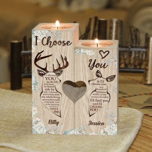 CoupleStar Personalized I Choose You Candle Holder - To My Wife Candle - Tealight Holder - Wedding Gift Wooden - Candlestick Brown Wedding Decor